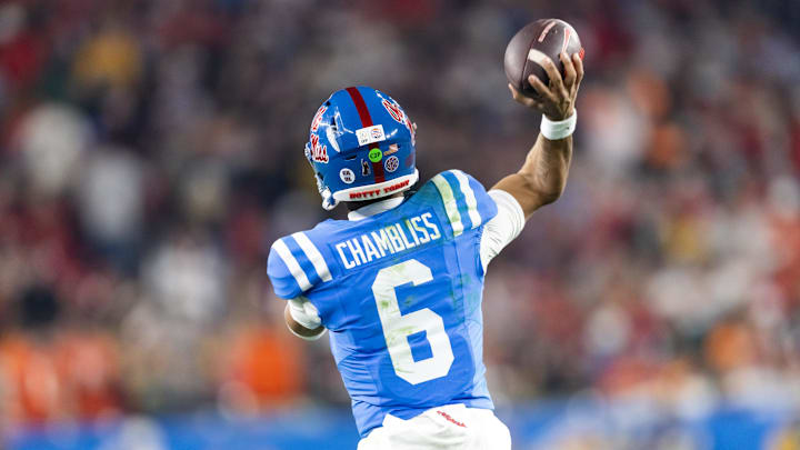 Jan 8, 2026; Glendale, AZ, USA; Detailed view of the jersey of Mississippi Rebels quarterback Trinidad Chambliss (6) against the Miami Hurricanes during the 2026 Fiesta Bowl and semifinal game of the College Football Playoff at State Farm Stadium. Mandatory Credit: Mark J. Rebilas-Imagn Images