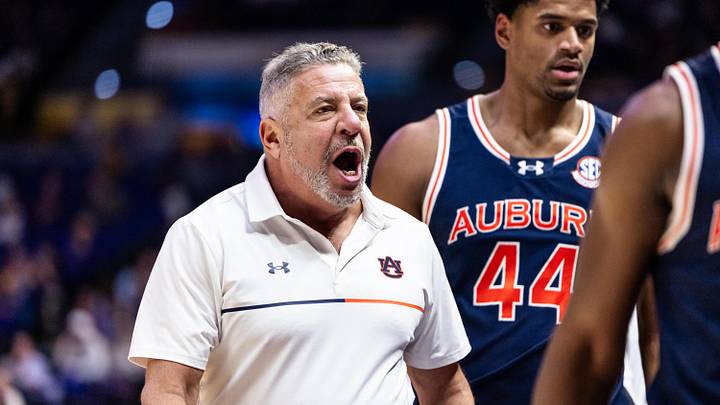 Jan 29, 2025; Baton Rouge, Louisiana, USA;  Auburn Tigers head coach Bruce Pearl gives direction from the bench against the LSU Tigers during the first half at Pete Maravich Assembly Center. Mandatory Credit: Stephen Lew-Imagn Images