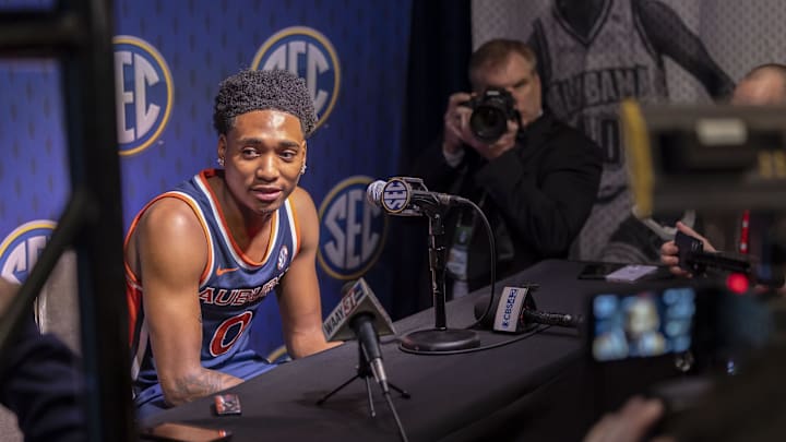 Oct 15, 2025; Birmingham, AL, USA; Auburn Tigers guard Tahaad Pettiford talks with the media during SEC Media Days at Grand Bohemian Hotel. Mandatory Credit: Vasha Hunt-Imagn Images