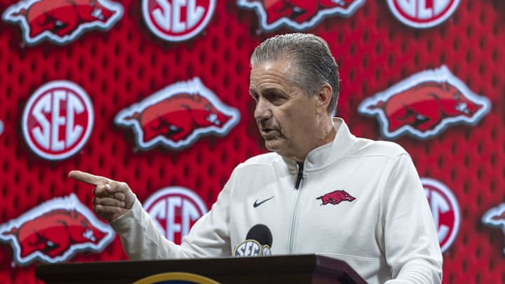Oct 14, 2025; Birmingham, AL, USA; Arkansas Razorbacks head coach John Calipari talks with the media during SEC Media Days at Grand Bohemian Hotel. Mandatory Credit: Vasha Hunt-Imagn Images