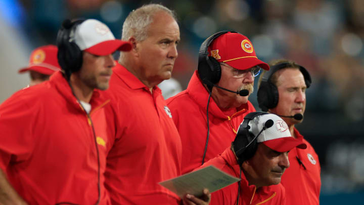 Kansas City Chiefs head coach Andy Reid, center right, looks on with his staff during the fourth quarter of a preseason NFL football game Saturday, Aug. 10, 2024 at EverBank Stadium in Jacksonville, Fla. The Jacksonville Jaguars defeated the Kansas City Chiefs 26-13. [Corey Perrine/Florida Times-Union]