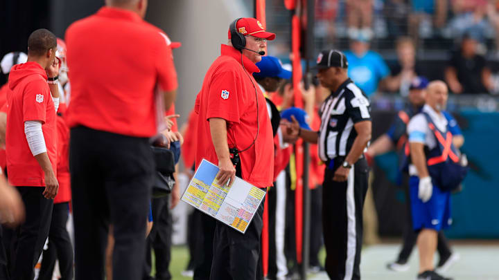 Kansas City Chiefs head coach Andy Reid looks on during the first quarter of a preseason NFL football game Saturday, Aug. 10, 2024 at EverBank Stadium in Jacksonville, Fla. [Corey Perrine/Florida Times-Union]