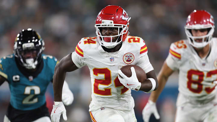 Oct 6, 2025; Jacksonville, Florida, USA; Kansas City Chiefs running back Brashard Smith (24) runs during the second half against the Jacksonville Jaguars at EverBank Stadium. Mandatory Credit: Morgan Tencza-Imagn Images