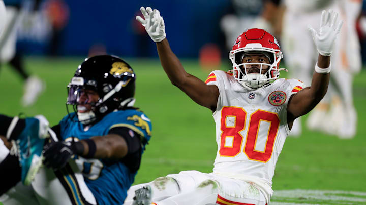Kansas City Chiefs wide receiver Tyquan Thornton (80) reacts to his reception during the first quarter of an NFL football matchup at EverBank Stadium, Monday, Oct. 6, 2025, in Jacksonville, Fla. The Jacksonville Jaguars edged the Kansas City Chiefs 31-28. [Corey Perrine/Florida Times-Union]