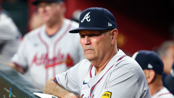 Jul 9, 2024; Phoenix, Arizona, USA; Atlanta Braves manager Brian Snitker against the Arizona Diamondbacks at Chase Field. Mandatory Credit: Mark J. Rebilas-USA TODAY Sports