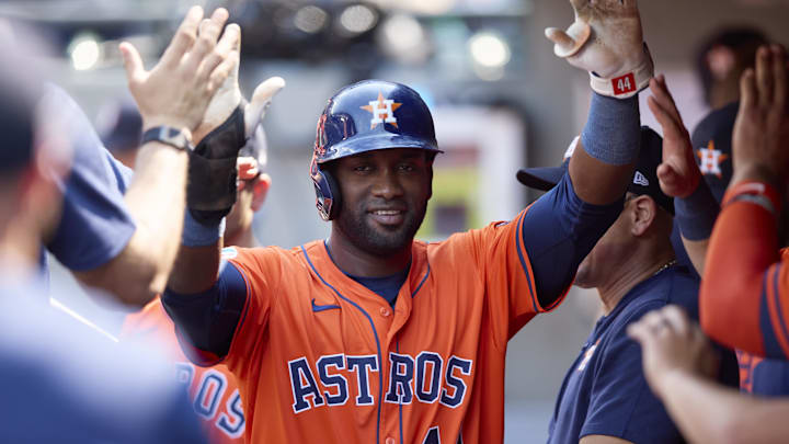 Jul 21, 2024; Seattle, Washington, USA; Houston Astros designated hitter Yordan Alvarez (44) celebrates his double against the Seattle Mariners during the eighth inning to complete the cycle, at T-Mobile Park. Mandatory Credit: John Froschauer-Imagn Images