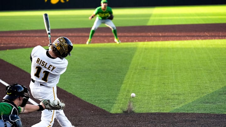 Iowa’s miles Risley (11) bats against Oregon during a Big Ten conference baseball game May 15, 2025 at Duane Banks Field in Iowa City, Iowa.