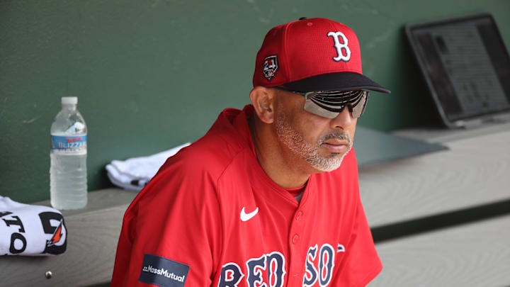 Mar 16, 2024; Sarasota, Florida, USA; Boston Red Sox manager Alex Cora (13) looks on against the Baltimore Orioles at Ed Smith Stadium. Mandatory Credit: Kim Klement Neitzel-Imagn Images