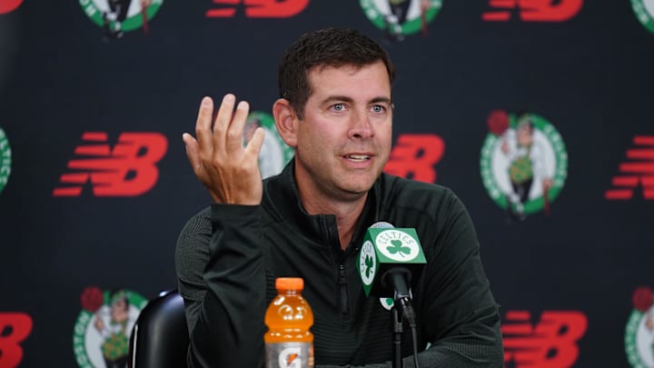 Sep 29, 2025; Boston, MA, USA; Boston Celtics president of basketball operations Brad Stevens talks to reporters during media day at the Auerbach Center. Mandatory Credit: David Butler II-Imagn Images