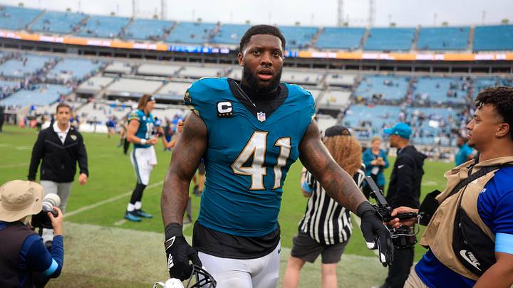 Jacksonville Jaguars defensive end Josh Hines-Allen (41) walks off the field after an NFL football matchup Sunday, Oct. 6, 2024 at EverBank Stadium in Jacksonville, Fla. The Jaguars edged the Colts on a field goal 37-34. [Corey Perrine/Florida Times-Union]