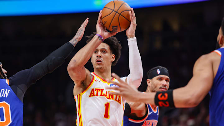 Apr 30, 2026; Atlanta, Georgia, USA; Atlanta Hawks forward Jalen Johnson (1) passes the ball against the New York Knicks in the third quarter during game six of the first round of the 2026 NBA Playoffs at State Farm Arena. Mandatory Credit: Brett Davis-Imagn Images

