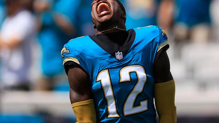 Jacksonville Jaguars wide receiver Travis Hunter (12) yells as his is introduced before an NFL football matchup at EverBank Stadium, Sunday, Sept. 21, 2025, in Jacksonville, Fla. The Jaguars defeated the Texans 17-10.