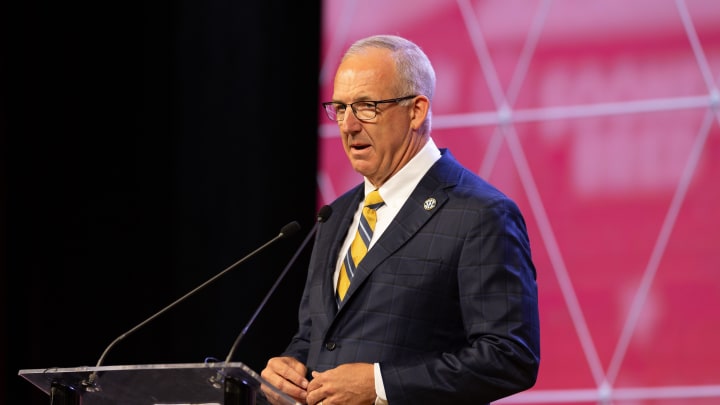 Jul 16, 2024; Dallas, TX, USA; SEC commissioner Greg Sankey speaking at Omni Dallas Hotel. Mandatory Credit: Brett Patzke-USA TODAY Sports