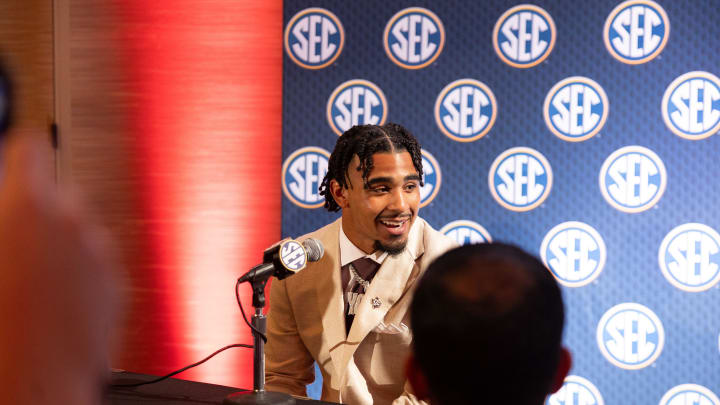 Jul 18, 2024; Dallas, TX, USA; Texas A&M linebacker Taurean York speaks to the media at Omni Dallas Hotel. Mandatory Credit: Brett Patzke-USA TODAY Sports