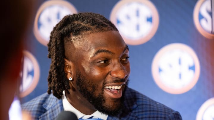 Jul 18, 2024; Dallas, TX, USA; Texas A&M defensive lineman Shemar Turner speaks to the media at Omni Dallas Hotel. Mandatory Credit: Brett Patzke-USA TODAY Sports