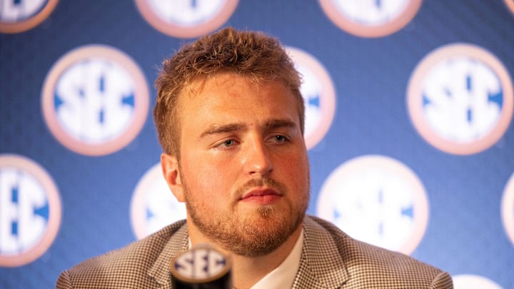 Jul 18, 2024; Dallas, TX, USA; Texas A&M offensive lineman Trey Zuhn III speaks to the media at Omni Dallas Hotel. Mandatory Credit: Brett Patzke-USA TODAY Sports