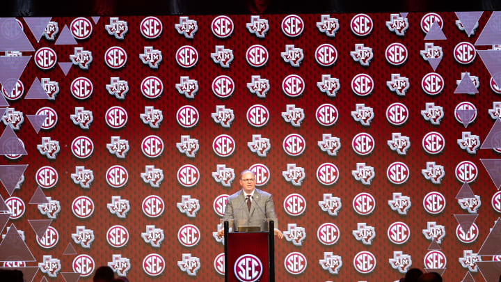 Jul 18, 2024; Dallas, TX, USA; Texas A&M head coach Mike Elko speaks at Omni Dallas Hotel. Mandatory Credit: Brett Patzke-USA TODAY Sports