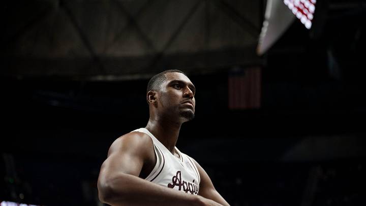 Texas A&M Aggies forward Henry Coleman III (15) looks to his team during the second game of the SEC Men's Basketball Tournament at Bridgestone Arena in Nashville, Tenn., Thursday, March 13, 2025.
