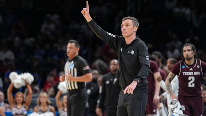 Texas A&M head coach Bucky McMillan signals to his players in the first half during a first round men’s basketball game of the NCAA Tournament between St. Mary's and Texas A&M, at Paycom in Oklahoma City on Thursday, March 19, 2026.
