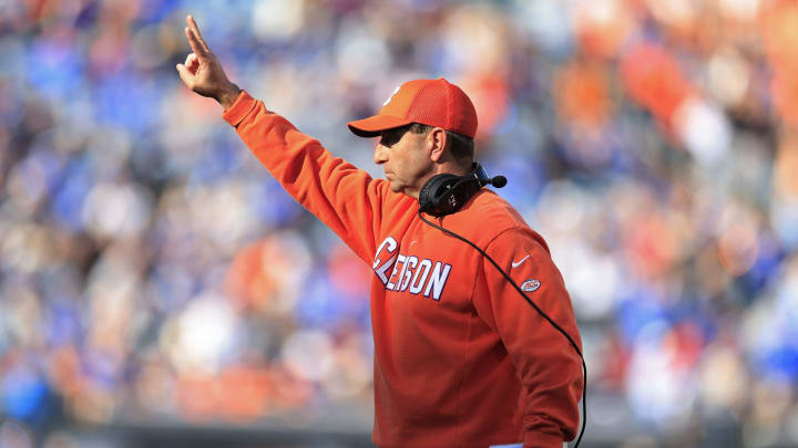 Clemson Tigers head coach Dabo Swinney calls for a two point conversion during the fourth quarter of an NCAA football matchup in the TaxSlayer Gator Bowl Friday, Dec. 29, 2023 at EverBank Stadium in Jacksonville, Fla. The Clemson Tigers edged the Kentucky Wildcats 38-35. [Corey Perrine/Florida Times-Union]