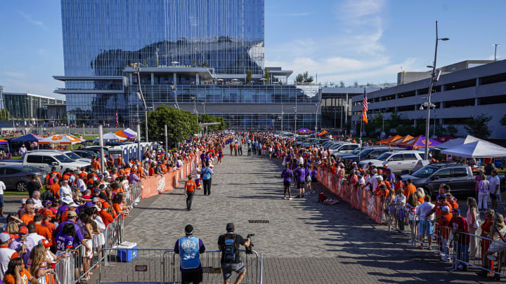 Aug 31, 2024; Atlanta, Georgia, USA; Pregame scenes outside before the game between the Georgia Bulldogs and the Clemson Tigers at Mercedes-Benz Stadium. Mandatory Credit: Dale Zanine-USA TODAY Sports