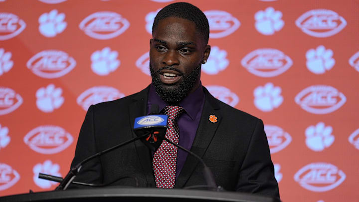 Jul 25, 2024; Charlotte, NC, USA;  Clemson Tigers running back Phil Mafah speaks to the media during the ACC Kickoff at Hilton Charlotte Uptown. Mandatory Credit: Jim Dedmon-Imagn Images