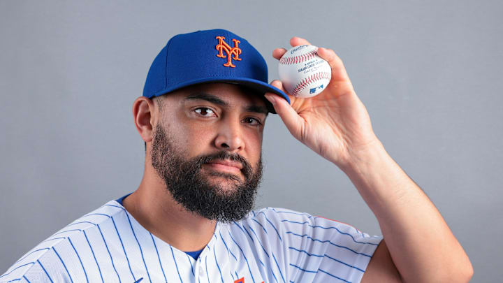 Feb 19, 2026; Port St. Lucie, FL, USA; New York Mets pitcher Sean Manaea (59) poses for a photo during media day at Clover Park. Mandatory Credit: Sam Navarro-Imagn Images