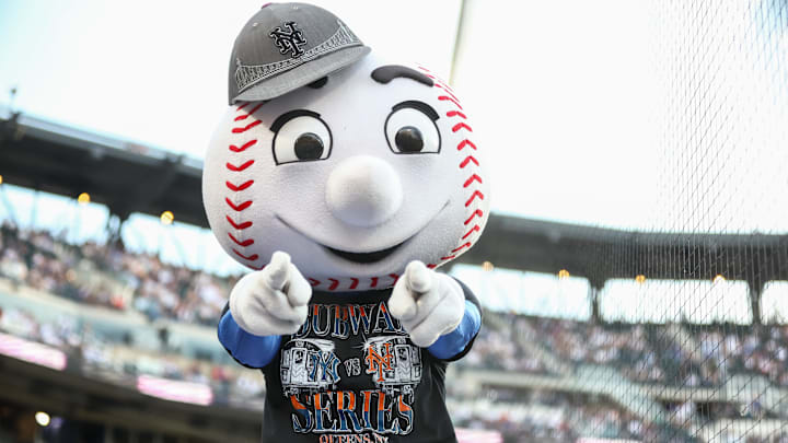 May 16, 2026; New York City, New York, USA;  The New York Mets mascot, Mr. Met, performs prior to the start of the game against the New York Yankees at Citi Field. Mandatory Credit: Wendell Cruz-Imagn Images
