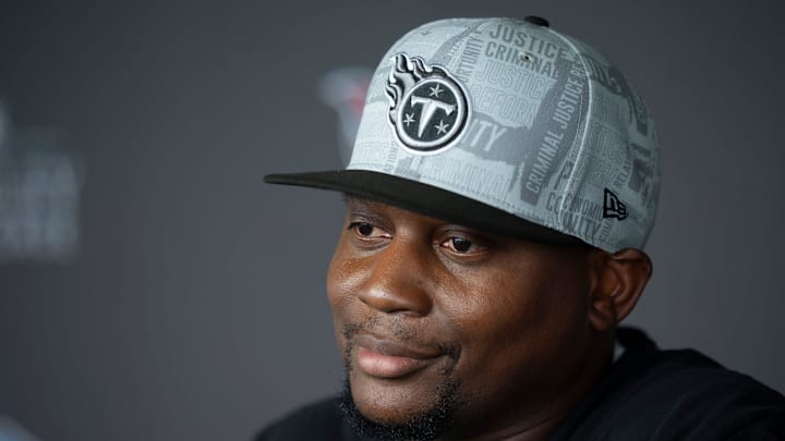 Tennessee Titans Defensive Coordinator Dennard Wilson fields questions during mandatory mini-camp at Ascension Saint Thomas Sports Park in Nashville, Tenn., Wednesday, June 5, 2024.