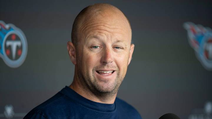 Tennessee Titans Offensive Coordinator Nick Holz fields questions during mandatory mini-camp at Ascension Saint Thomas Sports Park in Nashville, Tenn., Wednesday, June 5, 2024.