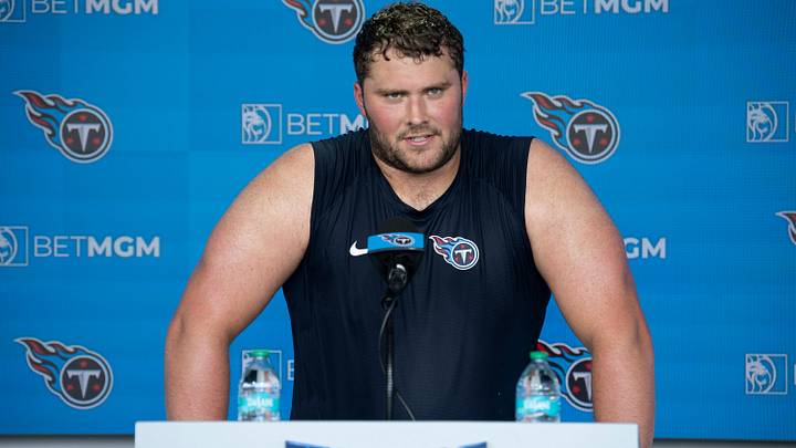Tennessee Titans offensive lineman Peter Skoronski (77) fields questions from the media during training camp at Ascension Saint Thomas Sports Park in Nashville, Tenn., Tuesday, July 29, 2025.