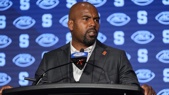 Jul 25, 2024; Charlotte, NC, USA;  Syracuse Orange head coach Fran Brown speaks to the media during the ACC Kickoff at Hilton Charlotte Uptown. Mandatory Credit: Jim Dedmon-USA TODAY Sports