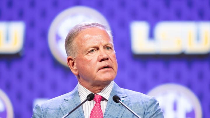 Jul 15, 2024; Dallas, TX, USA; LSU head coach Brian Kelly speaking at Omni Dallas Hotel. Mandatory Credit: Brett Patzke-USA TODAY Sports