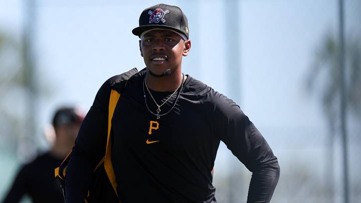 Feb 17, 2025; Bradenton, FL, USA;  Pittsburgh Pirates third base Ke'Bryan Hayes (13) participates in spring training workouts at Pirate City. Mandatory Credit: Nathan Ray Seebeck-Imagn Images