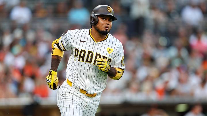 Sep 7, 2024; San Diego, California, USA; San Diego Padres designated hitter Luis Arraez (4) singles during the third inning against the San Francisco Giants at Petco Park. Mandatory Credit: Chadd Cady-Imagn Images