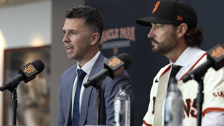 Oct 30, 2025; San Francisco, CA, USA;  San Francisco Giants president of baseball operations Buster Posey (left) speaks next to Tony Vitello (right) as Vitello is introduced as the new manager of the Giants at Oracle Park. Mandatory Credit: D. Ross Cameron-Imagn Images