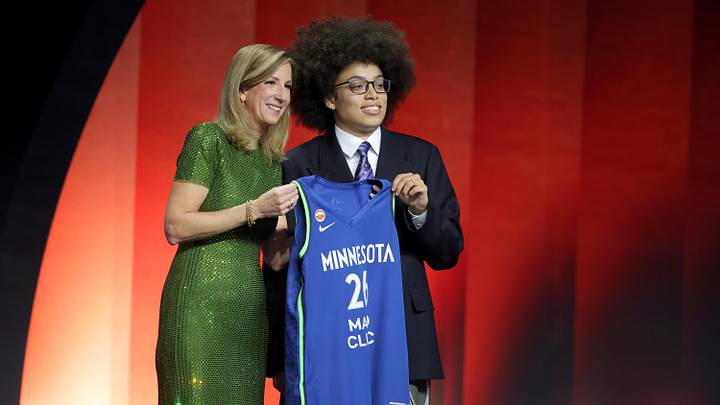 WNBA Commissioner Cathy Engelbert poses for photos with second overall pick Olivia Miles. Mandatory Credit: Brad Penner-Imagn Images