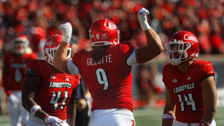 Louisville's Ashton Gillotte celebrates getting a sack against Boston College Saturday afternoon in L & N Stadium.Sept. 23, 2023