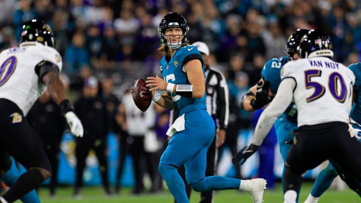 Jacksonville Jaguars quarterback Trevor Lawrence (16) looks to pass during the second quarter of a regular season NFL football matchup Sunday, Dec. 17, 2023 at EverBank Stadium in Jacksonville, Fla. 