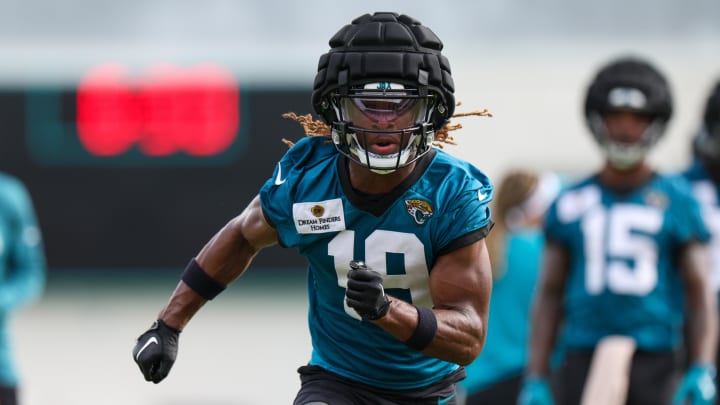 Jul 25, 2024; Jacksonville, FL, USA; Jacksonville Jaguars wide receiver Joshua Cephus (19) participates in training camp at Miller Electric Center Mandatory Credit: Nathan Ray Seebeck-USA TODAY Sports