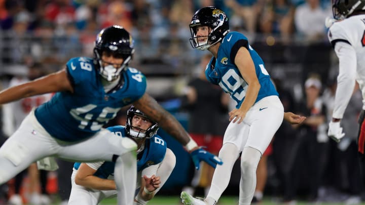 Jacksonville Jaguars place kicker Cam Little (39) watches his field goal as Jacksonville Jaguars punter Logan Cooke (9) holds during the third quarter of a preseason NFL football game Saturday, Aug. 17, 2024 at EverBank Stadium in Jacksonville, Fla. The Jacksonville Jaguars defeated the Tampa Bay Buccaneers 20-7. 