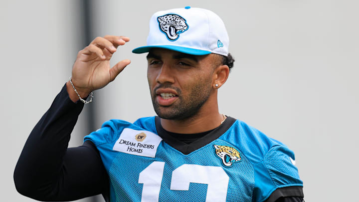 Jacksonville Jaguars wide receiver Christian Kirk (13) walks on the field during a combined NFL football training camp session between the Tampa Bay Buccaneers and Jacksonville Jaguars Wednesday, Aug. 14, 2024 at EverBank Stadium’s Miller Electric Center in Jacksonville, Fla. 