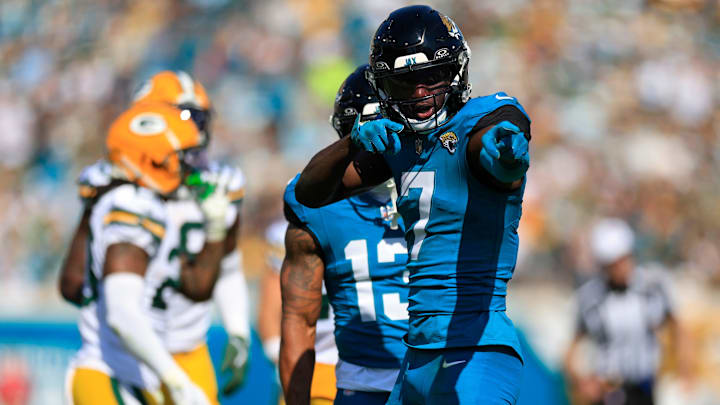 Jacksonville Jaguars wide receiver Brian Thomas Jr. (7) reacts to his first down pickup during the second quarter of an NFL football matchup Sunday, Oct. 27, 2024 at EverBank Stadium in Jacksonville, Fla. [Corey Perrine/Florida Times-Union]