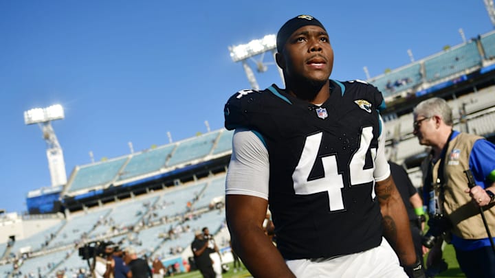 Jacksonville Jaguars linebacker Travon Walker (44) walks off the field after the game an NFL football matchup Sunday, Nov. 19, 2023 at EverBank Stadium in Jacksonville, Fla. The Jacksonville Jaguars defeated the Tennessee Titans 34-14.