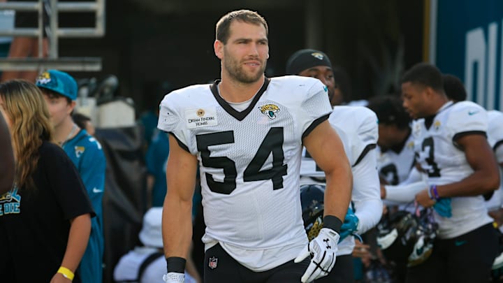 Jacksonville Jaguars linebacker Jack Kiser (54) walks on the field during an NFL scrimmage event at EverBank Stadium, Friday, Aug. 1, 2025, in Jacksonville, Fla. 