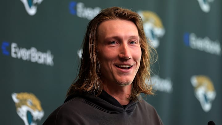 Jacksonville Jaguars quarterback Trevor Lawrence speaks during a press conference at the Miller Electric Center, Monday, April 20, 2026 in Jacksonville, Fla.