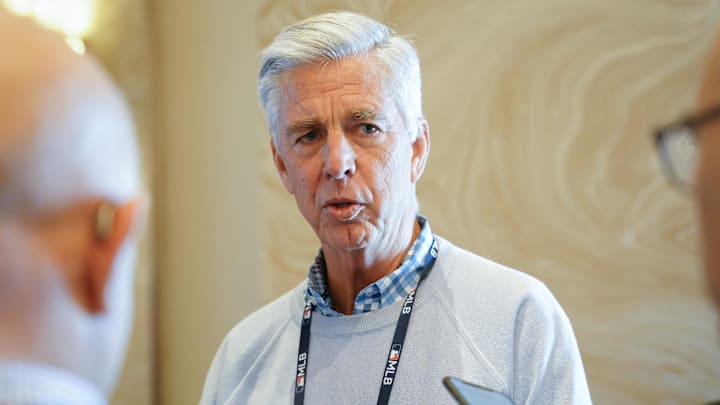 Nov 9, 2022; Las Vegas, NV, USA; Philadelphia Phillies president of baseball operations Dave Dombrowski answers questions from the media during the MLB GM Meetings at The Conrad Las Vegas.