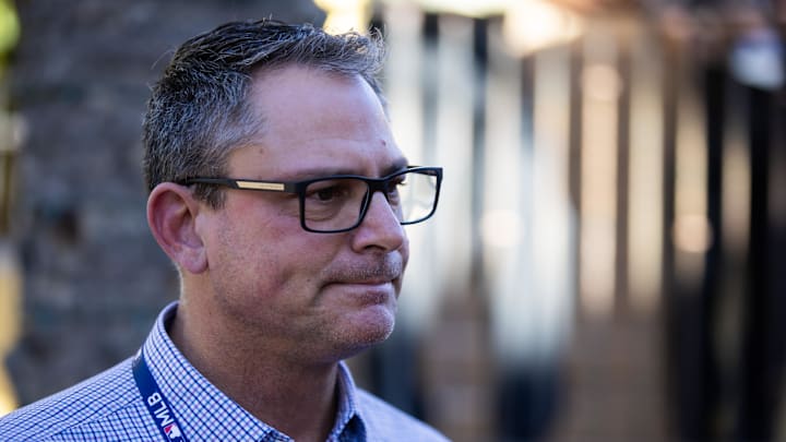 Nov 7, 2023; Scottsdale, AZ, USA; Kansas City Royals general manager J.J. Picollo speaks to the media during the MLB General Manager's Meetings at Omni Scottsdale Resort & Spa. Mandatory Credit: Mark J. Rebilas-Imagn Images
