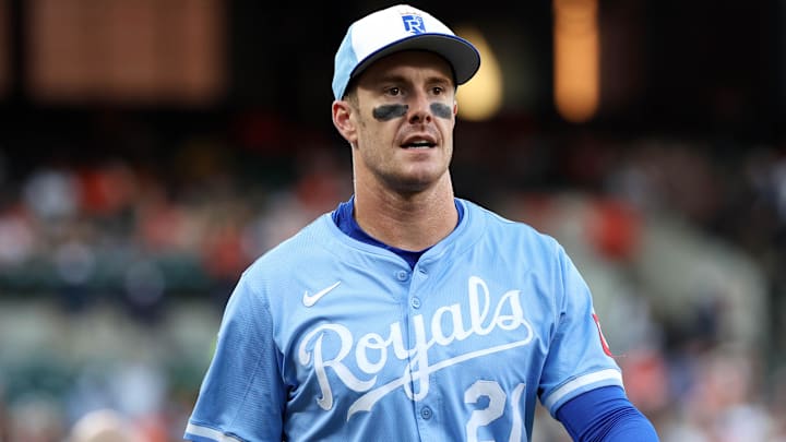 May 2, 2025; Baltimore, Maryland, USA; Kansas City Royals first baseman Mark Canha (21) looks on before a game against the Baltimore Orioles at Oriole Park at Camden Yards. Mandatory Credit: Daniel Kucin Jr.-Imagn Images