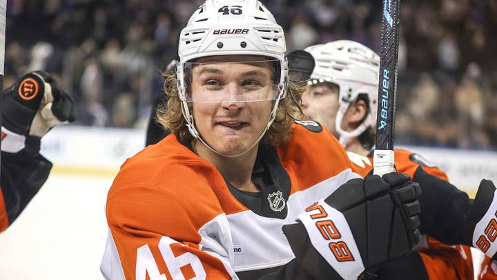 Feb 26, 2026; New York, New York, USA;  Philadelphia Flyers center Trevor Zegras (46) celebrates after defeating the New York Rangers in overtime at Madison Square Garden. 